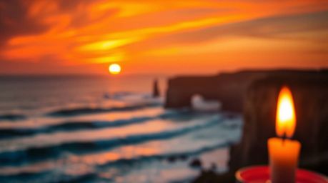 Experience the tranquility of a blazing sunset illuminating crashing waves on dramatic cliffs.  This captivating image featur