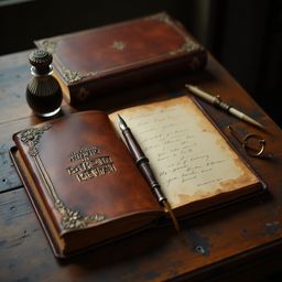 Evoking a sense of nostalgia, this image showcases a well-worn, richly brown leather-bound journal adorned with golden letter