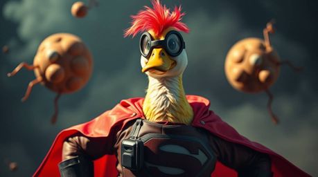 This dreamlike surreal image features a duck in a zany superhero costume, bathed in strong hard light that creates harsh shad