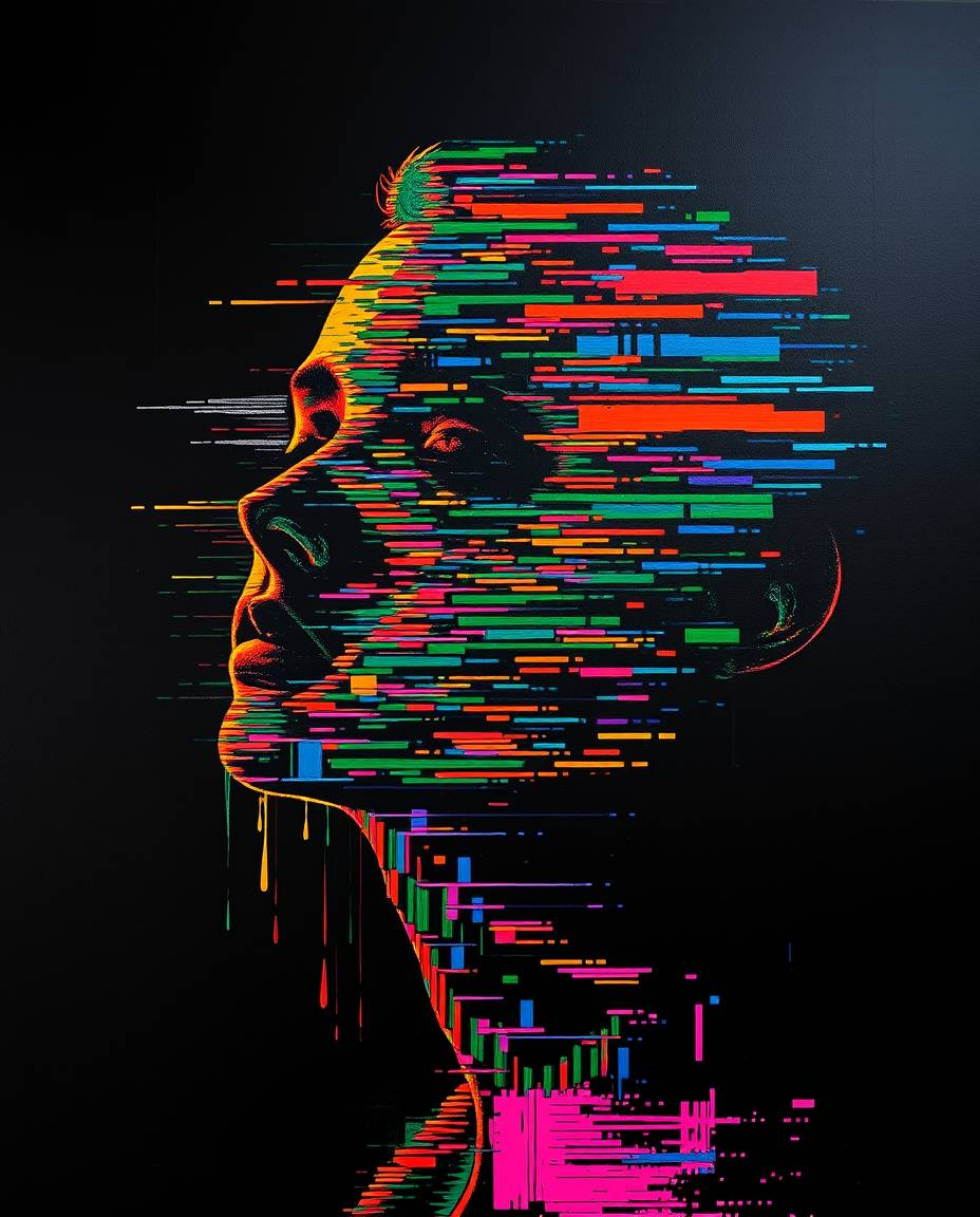 A captivating digital art piece showcasing a silhouetted figure, boldly rendered in acrylic paint.  The image features a stri