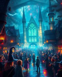 Experience an epic scene of a magical school teeming with young wizards, awash in vibrant iridescent colors and breathtaking 