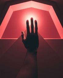 Explore the captivating blend of surreal infrared tones and geometric shapes in this visually striking artwork. A hand reachi