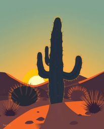 A modern, flat design illustration of a desert cactus glowing in the last rays of the sun. This piece is rendered from a low-