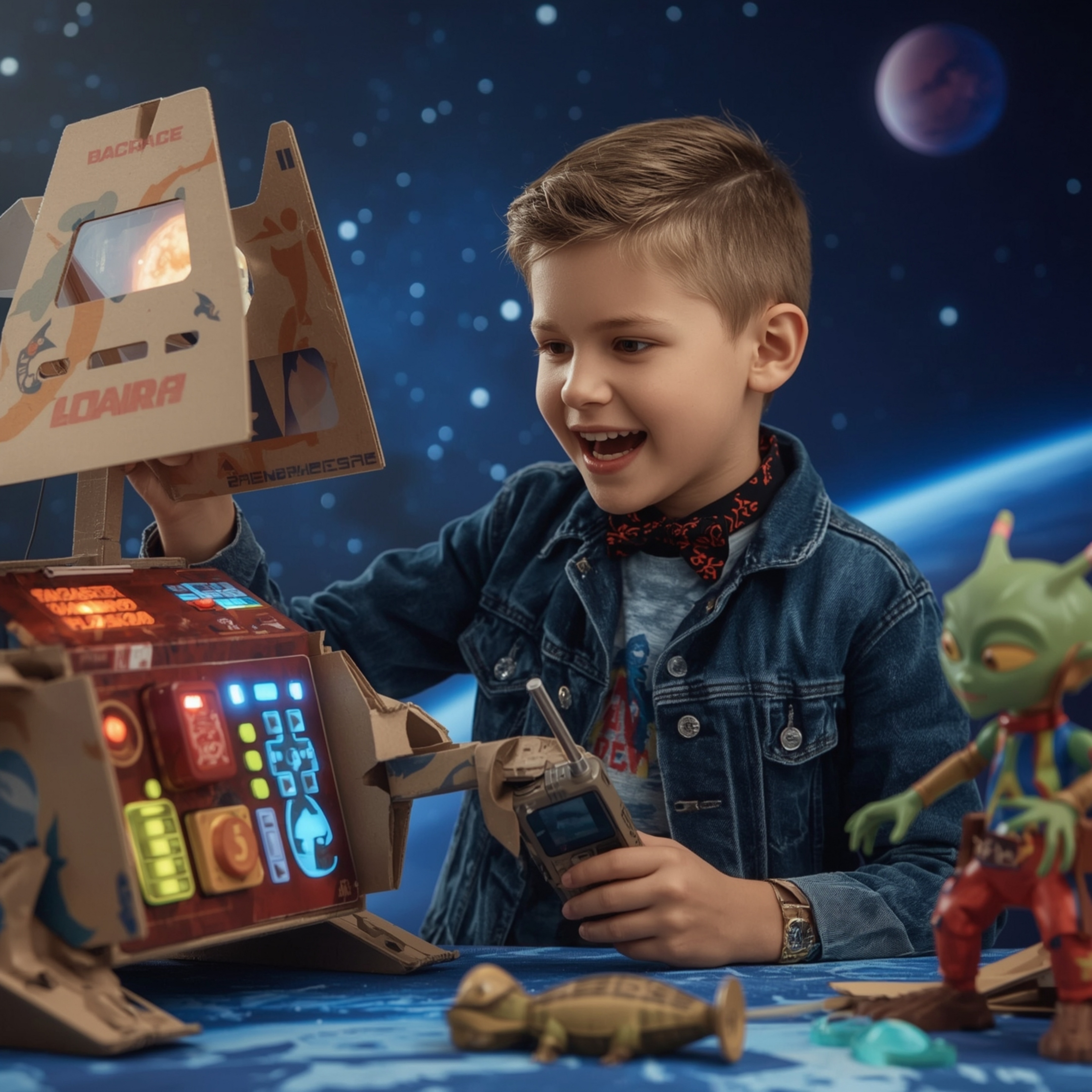 A captivating image showcasing a stylish young boy building an intricately designed cardboard spaceship, reminiscent of Pixar