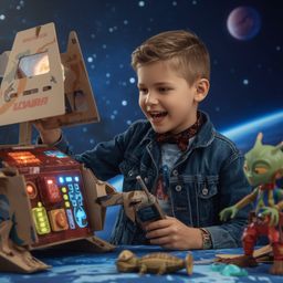 A captivating image showcasing a stylish young boy building an intricately designed cardboard spaceship, reminiscent of Pixar
