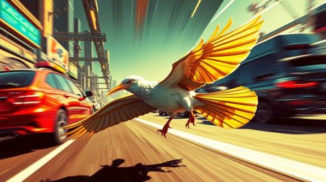 Experience a distinct split-screen showcasing a futuristic sci-fi scene where a fast-running bird zooms past traffic. This im
