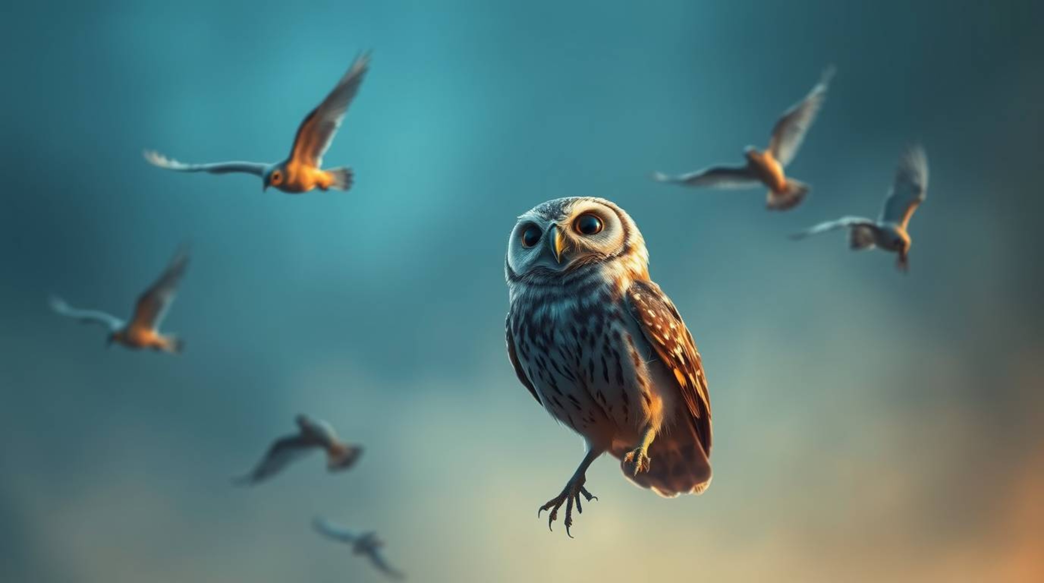 A captivating long exposure photograph featuring a blind owl, rendered in a charming Pixar-like style, watching with pride as