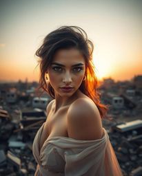 A captivating candid street photography image captures an elegant figure amidst the evocative sunrise over a war-torn landsca