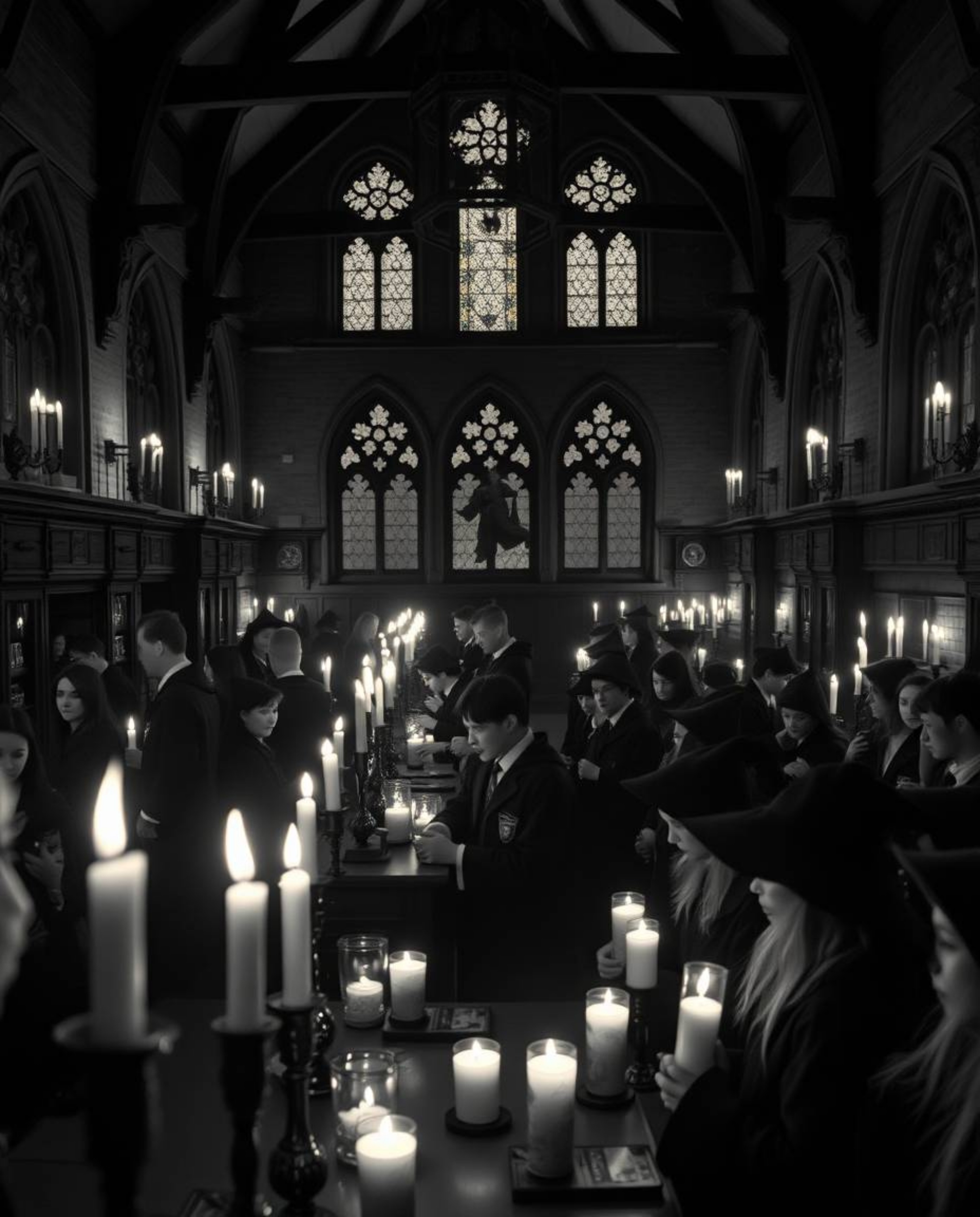 A timeless, elegant black and white photograph depicts a magical school brimming with young wizards.  Warm candlelight and fl