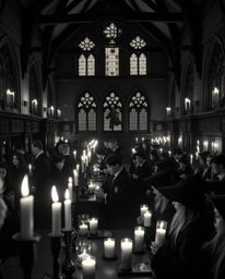 A timeless, elegant black and white photograph depicts a magical school brimming with young wizards.  Warm candlelight and fl