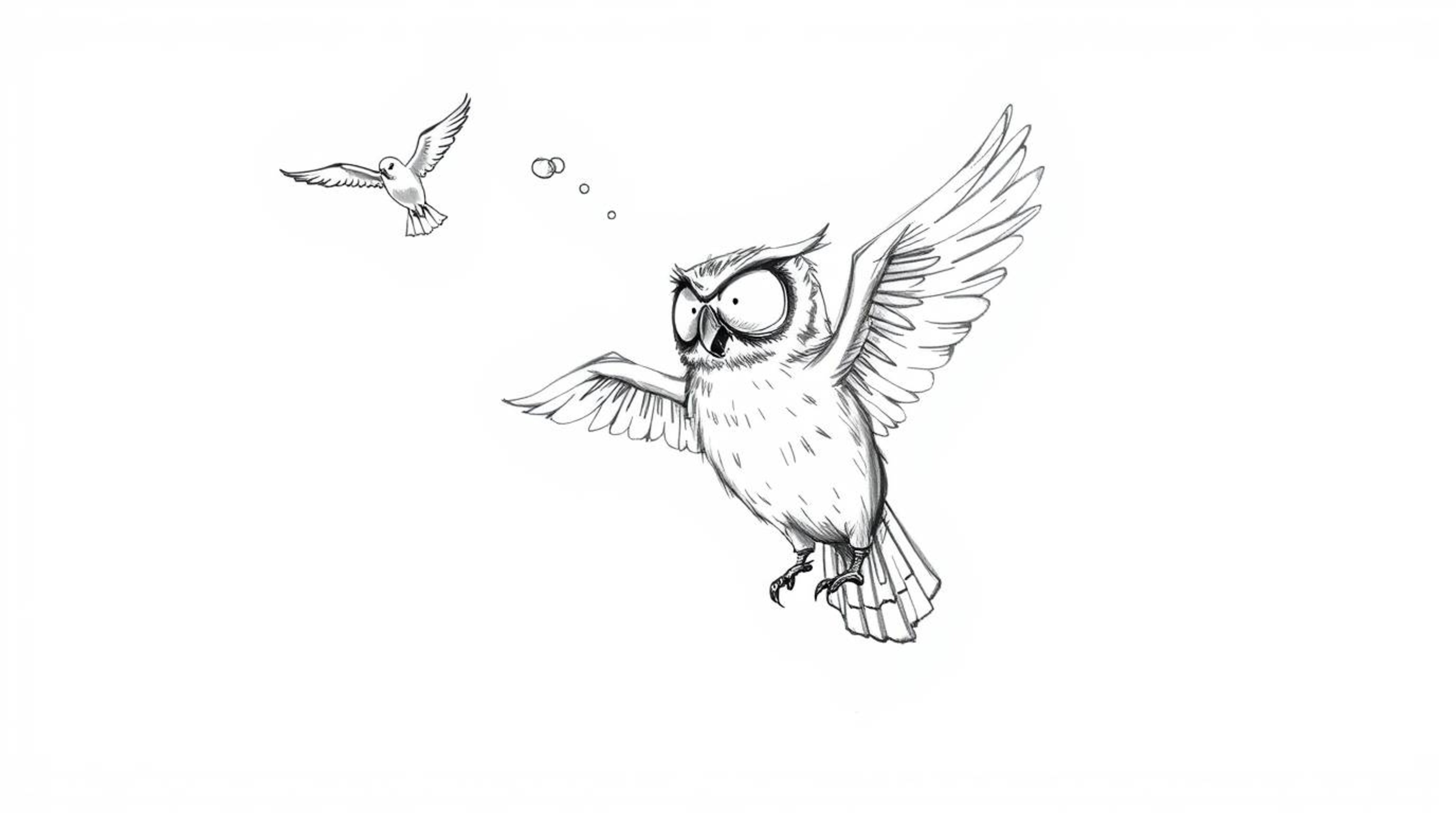 A charming hand-drawn sketch in the style of Pixar depicts a heartwarming scene: a blind owl patiently teaching birds to fly.