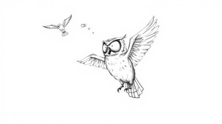 A charming hand-drawn sketch in the style of Pixar depicts a heartwarming scene: a blind owl patiently teaching birds to fly.