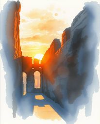 A delicate watercolor painting depicts a sunset casting shadows through ancient stone ruins. The artwork is characterized by 