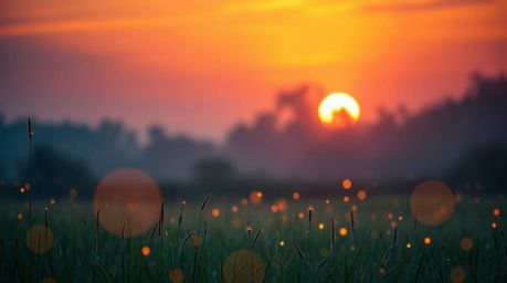 A captivating image depicting a soft, dreamy sunset over a tranquil meadow.  Fireflies begin to emerge, their soft light cont