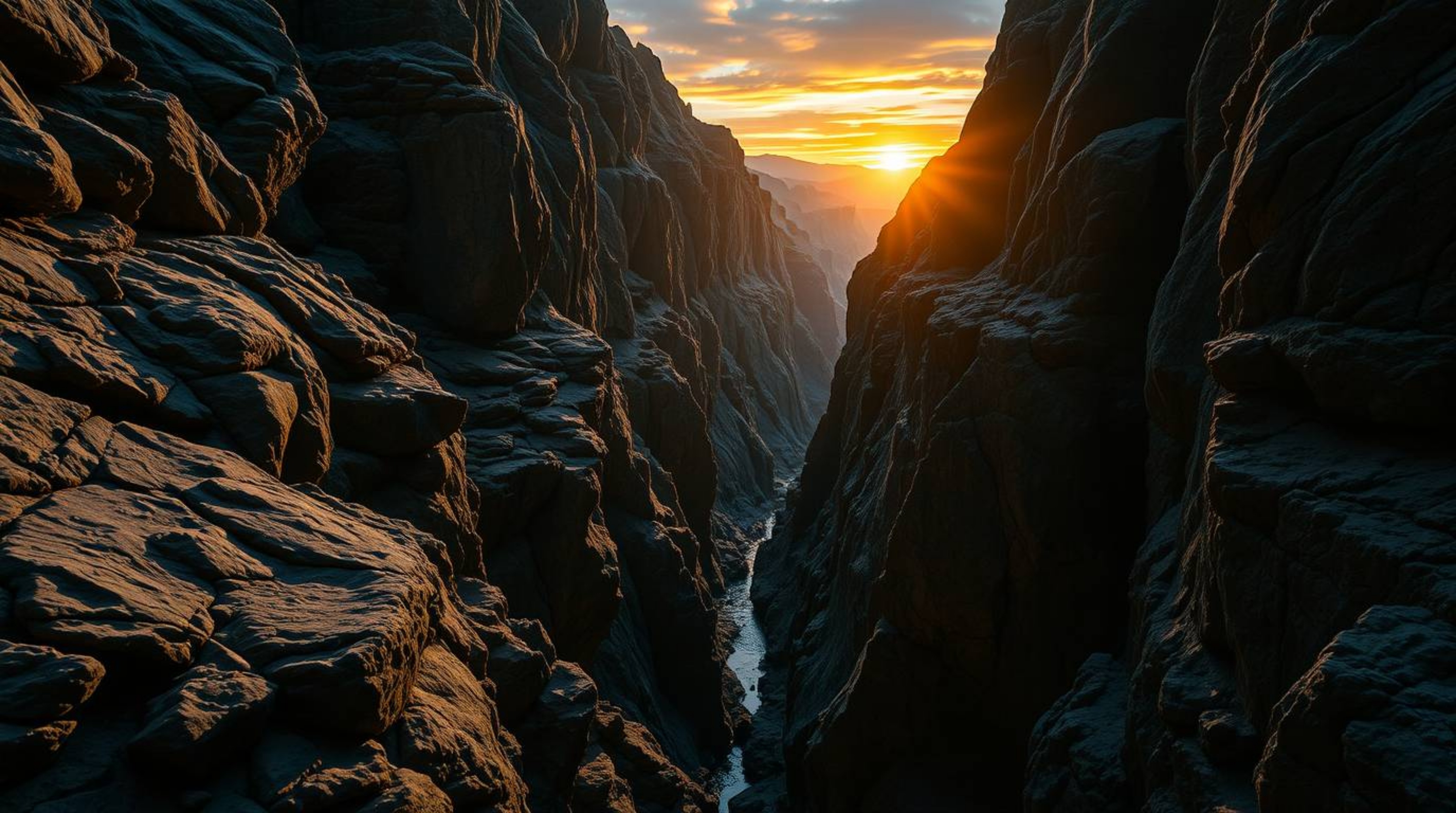 A stunning image of a rocky canyon, bathed in the warm hues of a sunset.  The dramatic chiaroscuro lighting creates a captiva