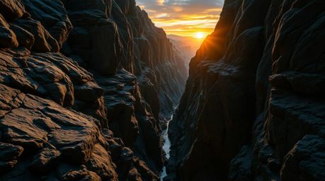 A stunning image of a rocky canyon, bathed in the warm hues of a sunset.  The dramatic chiaroscuro lighting creates a captiva