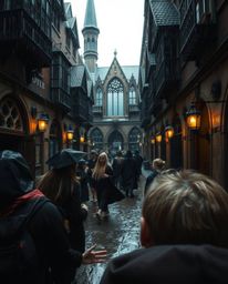 A captivating high-angle perspective showcases a magical school brimming with young wizards on a wet, rainy day. The scene i