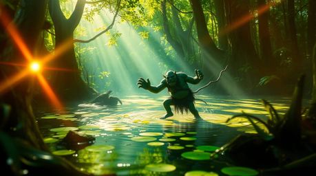 A captivating image depicting a vibrant swamp scene where a joyful ogre performs a lively dance.  Bathed in bright lens flare