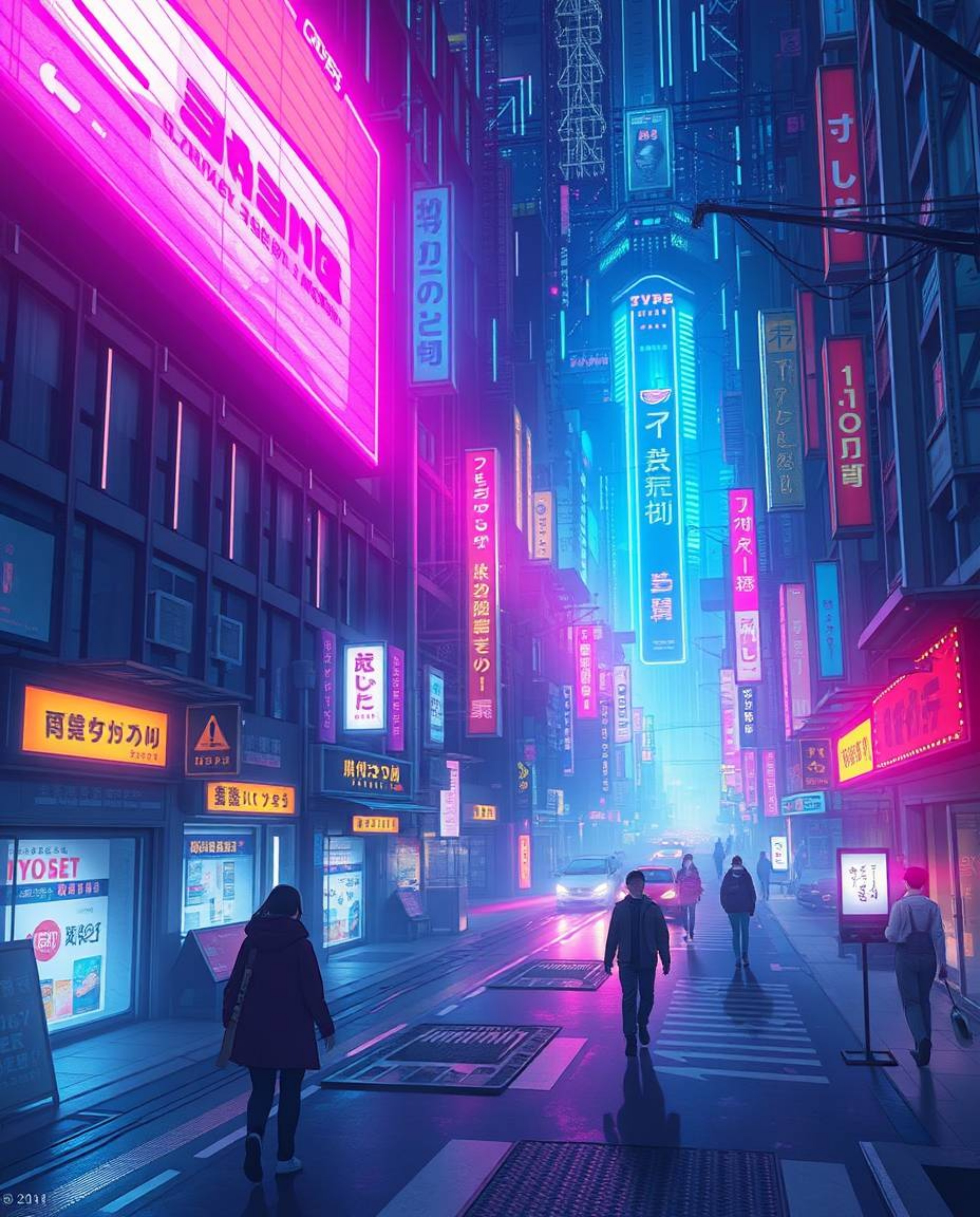 An Isekai anime-style illustration showcases a breathtaking, futuristic cyberpunk street scene.  The image features a pixelat
