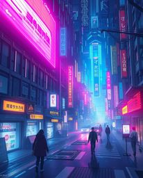 An Isekai anime-style illustration showcases a breathtaking, futuristic cyberpunk street scene.  The image features a pixelat