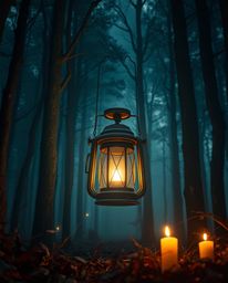 Immerse yourself in a grand, epic scene of a glowing lantern illuminating a dark forest. This artwork blends modern futuristi