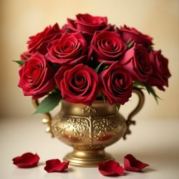 A captivating image featuring a lush bouquet of velvety red roses in an ornate antique vase. The roses, with subtle variation