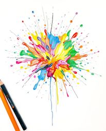 A vibrant hand-drawn sketch featuring a colorful explosion of paint splashes against a clean white canvas. This high-detail a