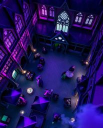 Immerse yourself in a breathtaking view of a magical school teeming with young wizards. This stunning, bird's-eye perspective