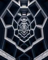 This stunning architectural photography showcases a mesmerizing repetitive cube pattern, reminiscent of Escher's impossible g