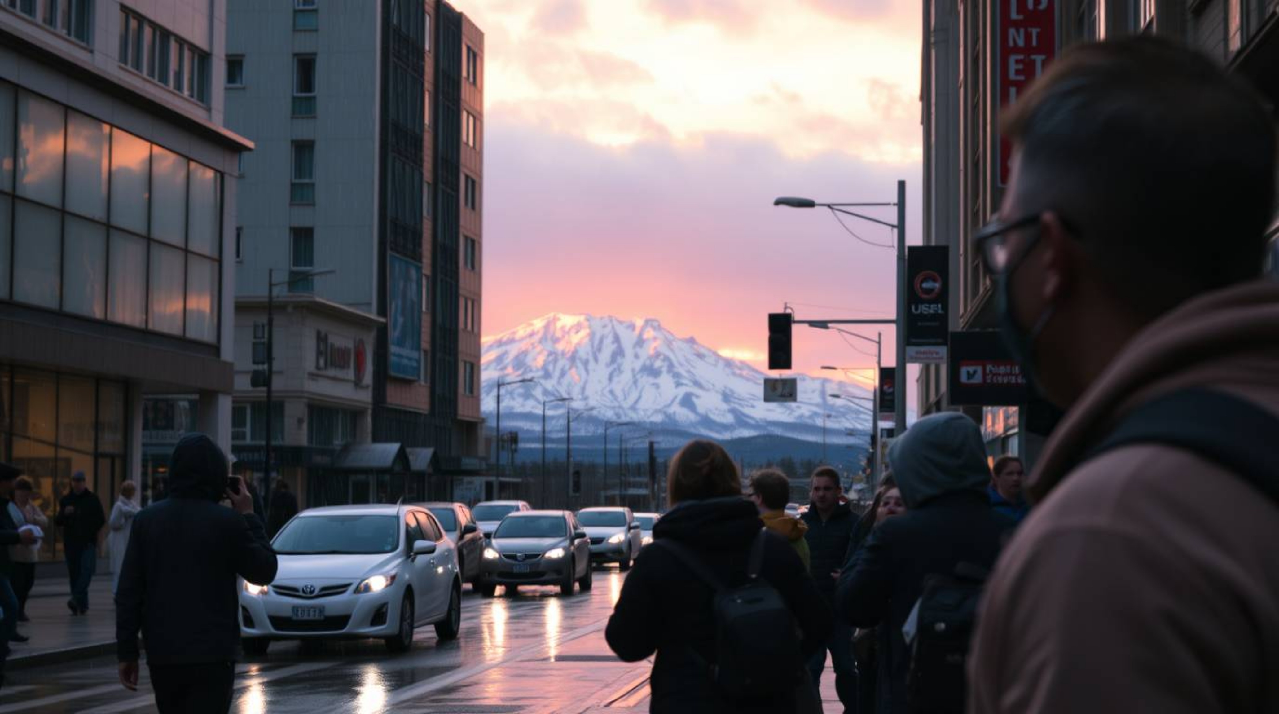 A captivating street photography image captures snow-capped mountains bathed in the warm glow of a pastel sunset during a dri