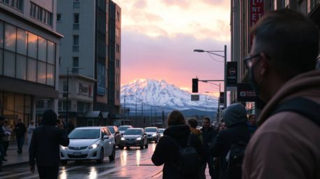 A captivating street photography image captures snow-capped mountains bathed in the warm glow of a pastel sunset during a dri