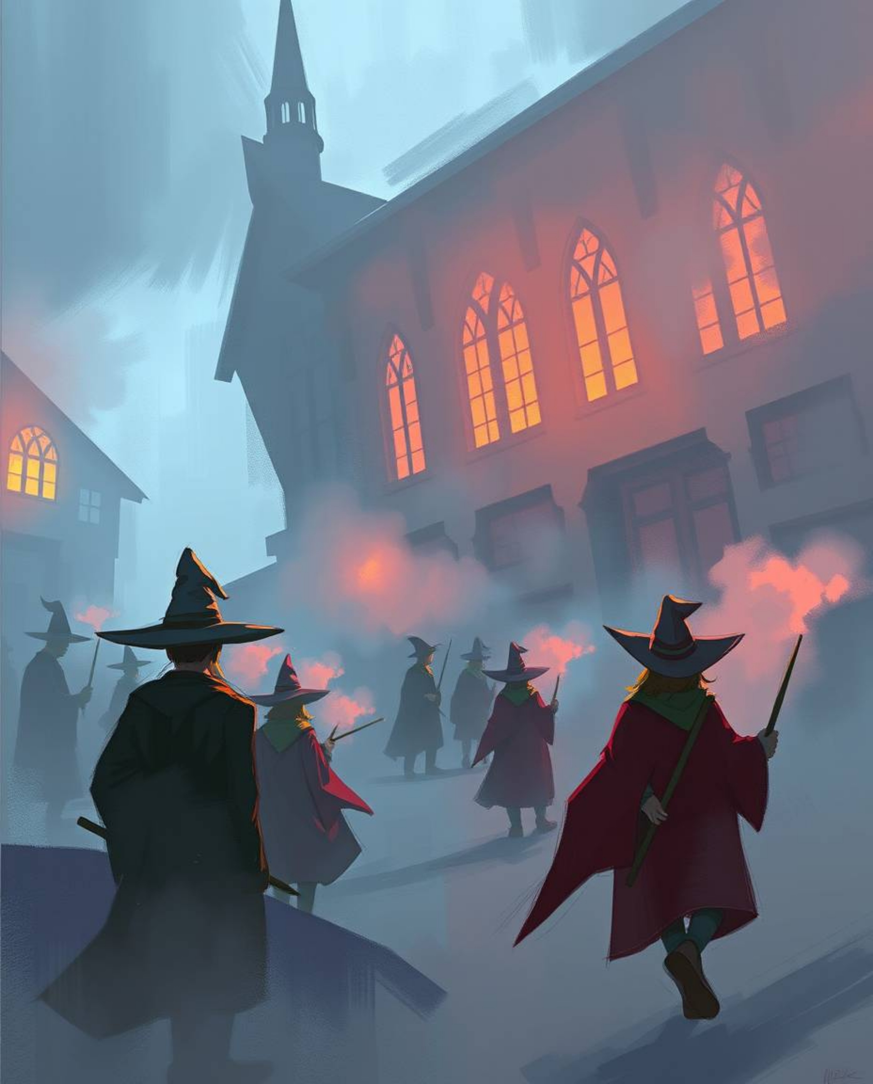 Immerse yourself in an epic and misty digital sketch depicting a magical school brimming with young wizards. This artwork, re