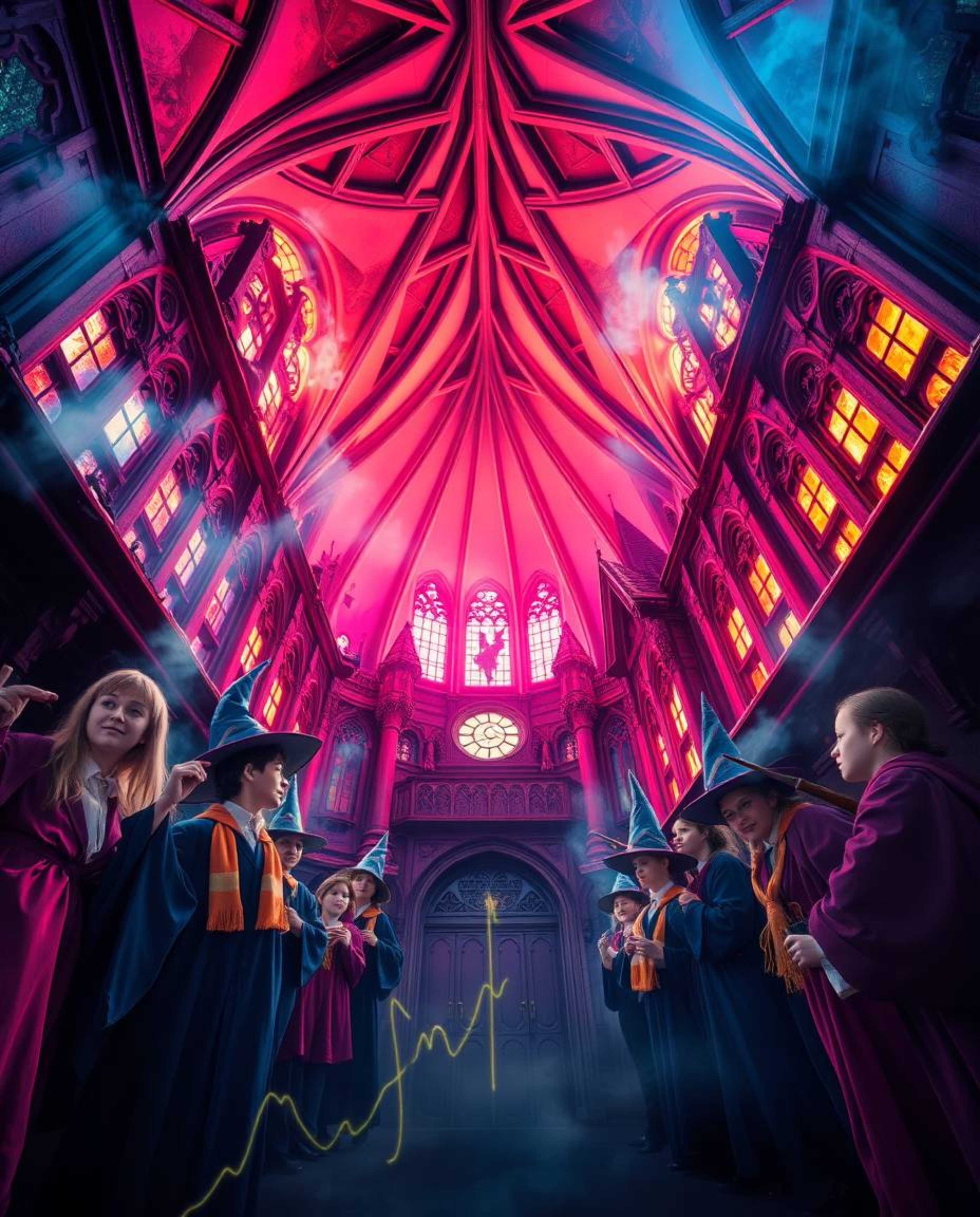 Immerse yourself in a breathtaking low-angle perspective of a magical school teeming with young wizards. Experience the vibra