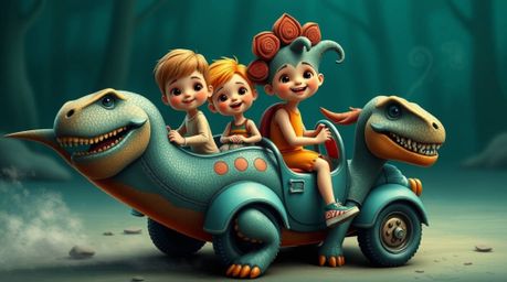A charming prehistoric family enjoys a whimsical ride in their dinosaur car.  The image features a captivating deep teal colo