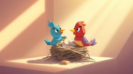 A delightful scene depicting two cartoon birds diligently building their nest, rendered in a classic animation style. The art