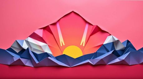 Behold stunning origami artwork capturing the ethereal beauty of the Northern Lights dancing across a vibrant sunset sky.  Th