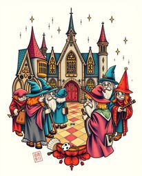 Discover an adorable and charming symbolic tattoo art print showcasing a magical school brimming with young wizards. This vib