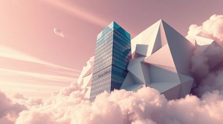 A surreal digital illustration presents a modern glass building dissolving into the sky with an intricate origami style and f