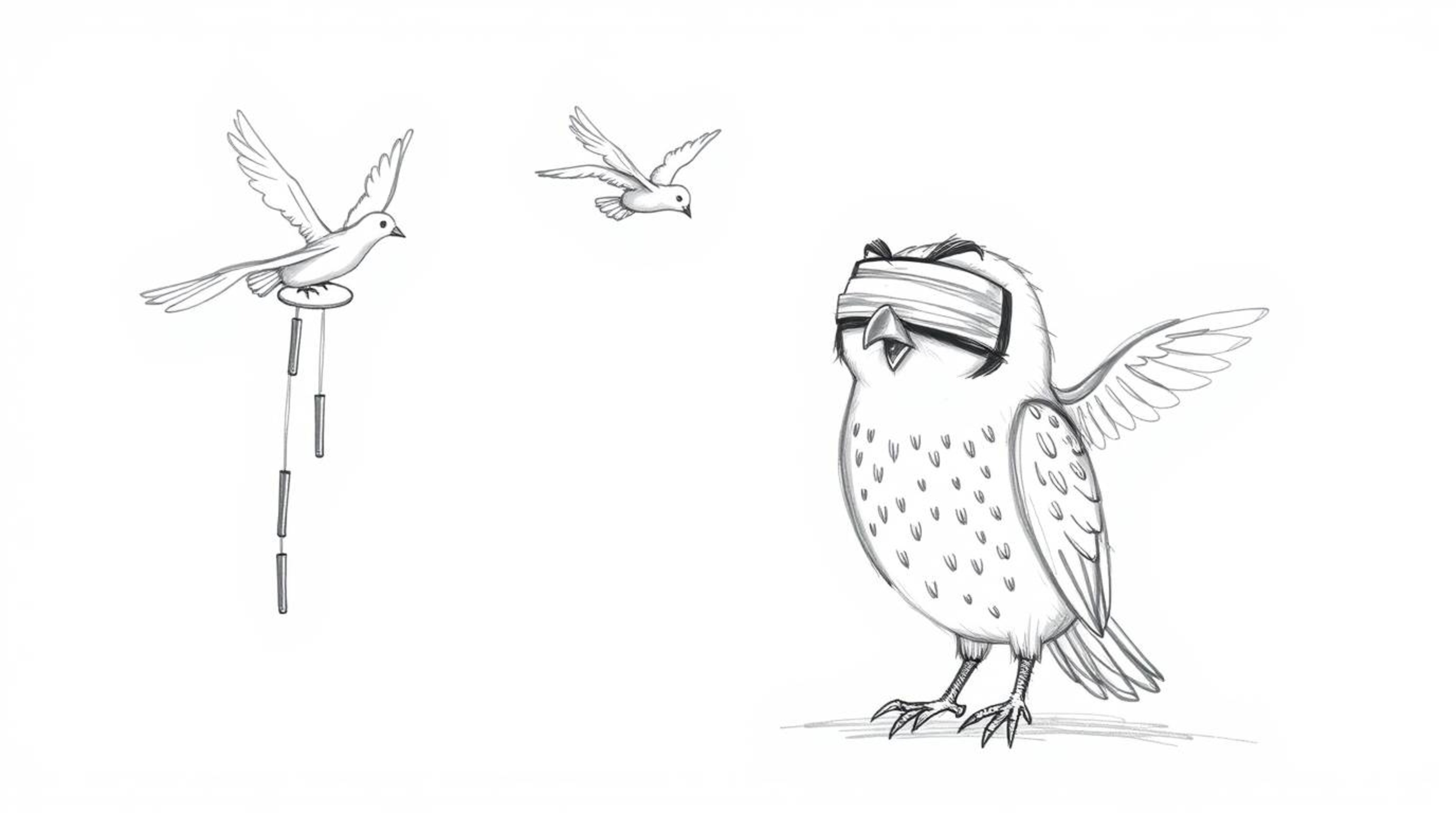 A heartwarming hand-drawn sketch in the style of Pixar depicts a visually impaired owl with gentle, rounded features dedicate