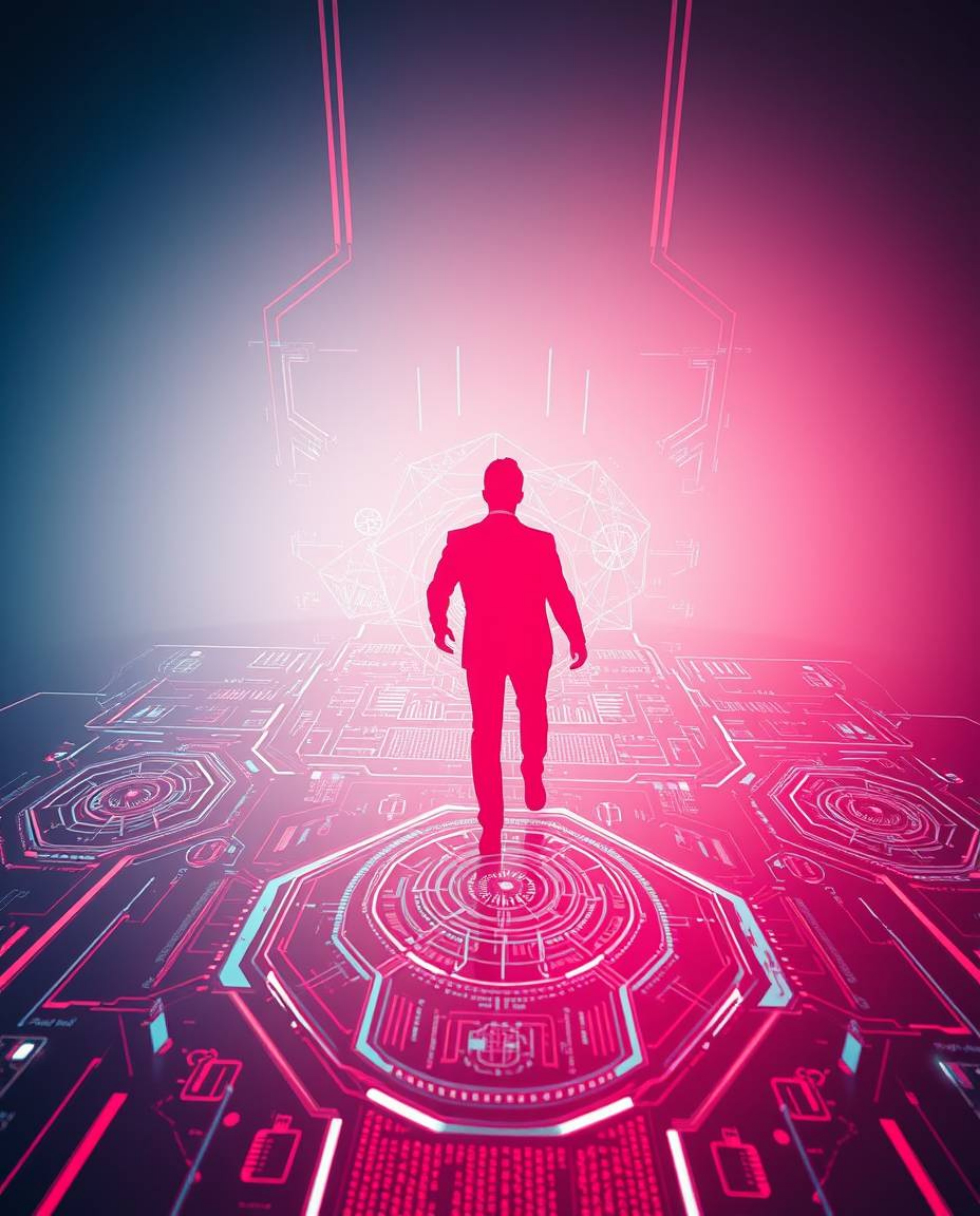 Explore a futuristic digital interface bathed in infrared tones, presented in a striking high-angle shot silhouette. This sce