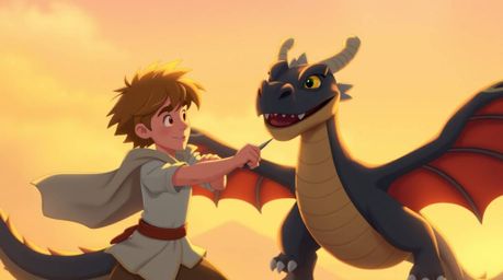A charming prince with tousled hair bravely faces a fearsome dragon in this captivating 1950s-style animation.  Warm golden h