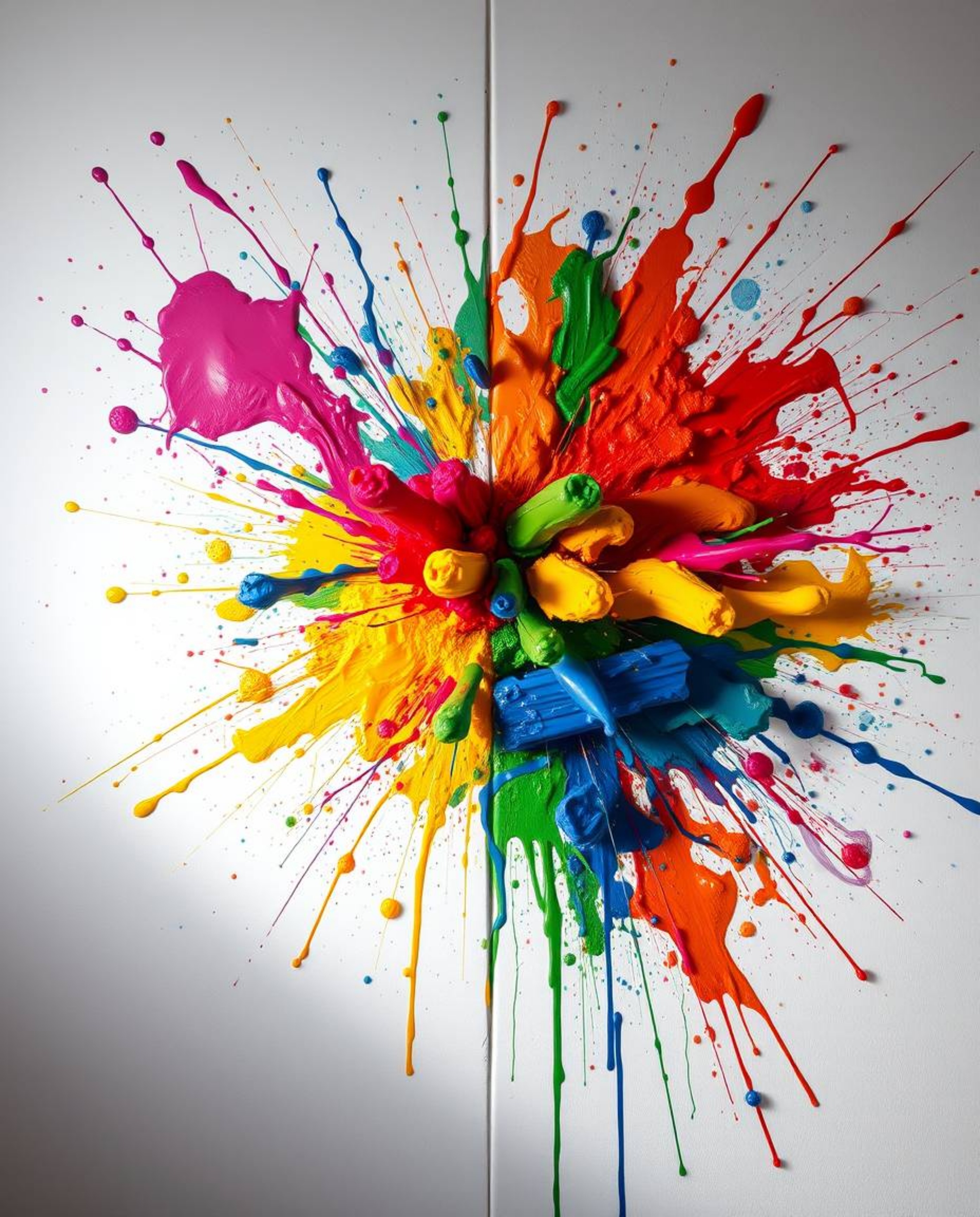 A vibrant explosion of colorful paint splashes bursts across a pristine white canvas, meticulously rendered in high detail to