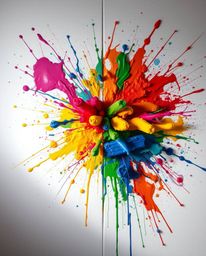 A vibrant explosion of colorful paint splashes bursts across a pristine white canvas, meticulously rendered in high detail to