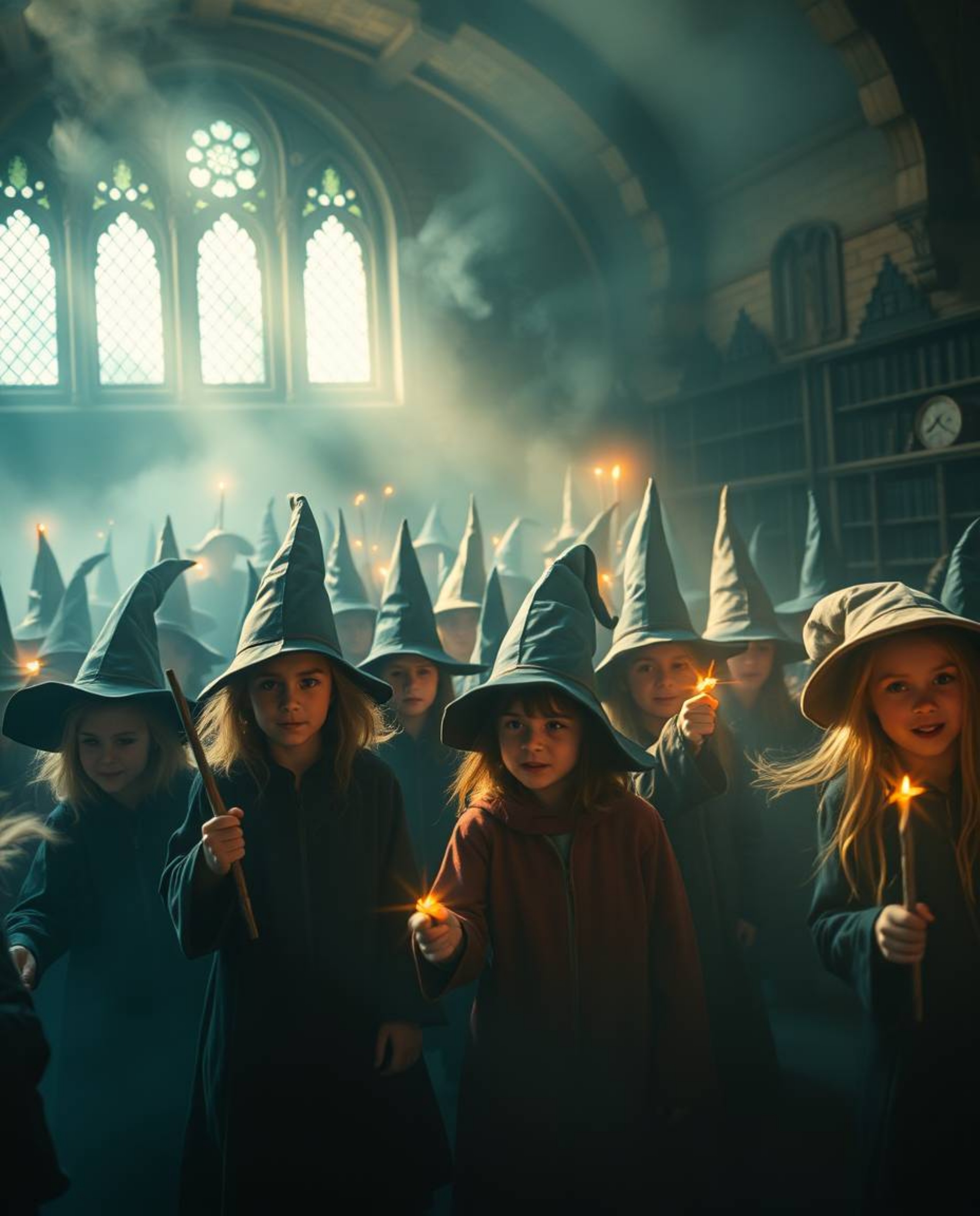 Step into a magical school brimming with young wizards, bathed in a soft, cinematic haze. The scene is painted with warm terr