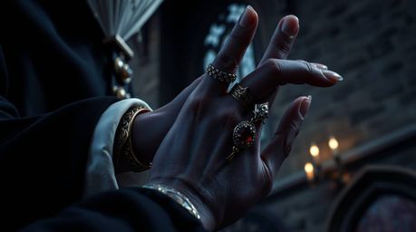 An extreme macro close-up reveals the intricate details of a classic Disney villain's hand as they cast a spell within an anc