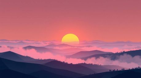 Experience a captivating origami-style illustration depicting fog-covered hills bathed in the warm glow of a sunset.  The ima