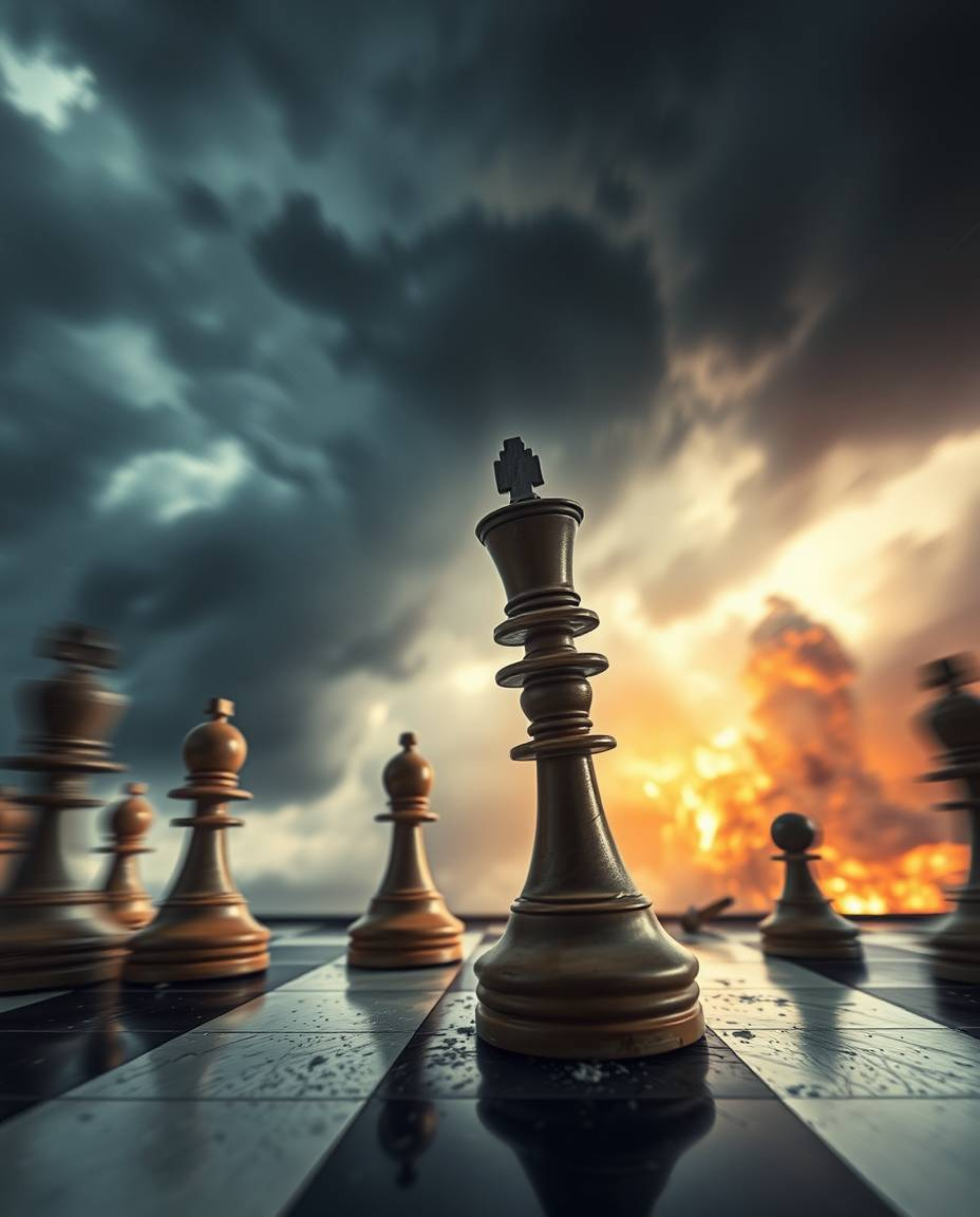 Experience the intense drama of a chessboard frozen mid-air in destruction, captured amidst a stormy sky and vibrant lighting