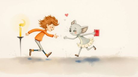 A delicate watercolor painting captures a charming and adorable chase scene, emphasizing exaggerated squash and stretch techn