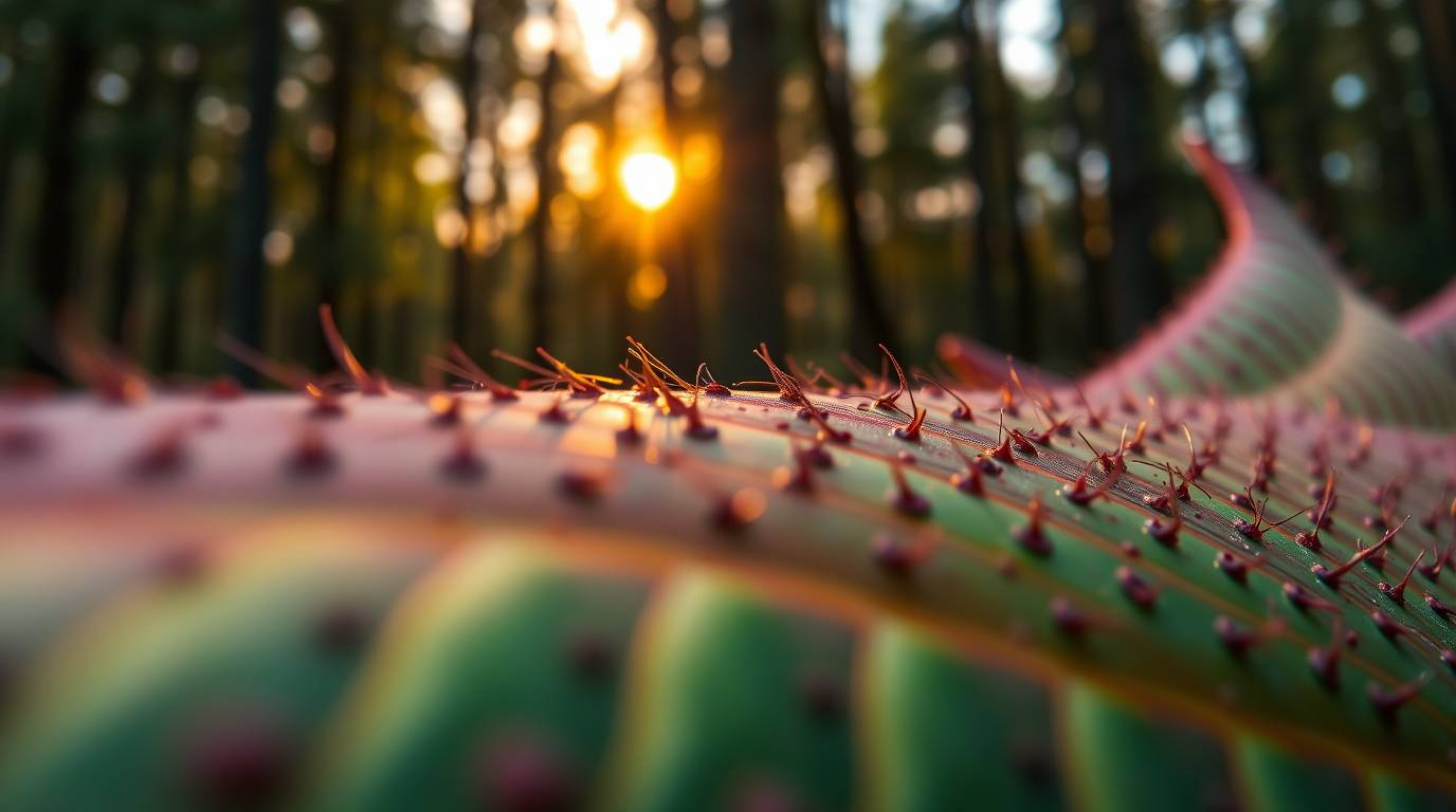 An extreme macro photograph captures the vibrant, complementary colors of a sunset filtering through a dense forest.  Contras