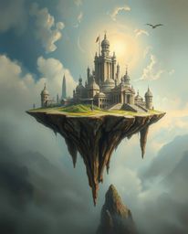 Experience the surreal beauty of a floating island rendered in a classic oil painting style. This artwork showcases strange a